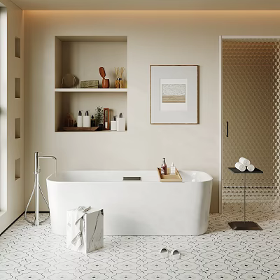 White Free Standing Bathtub in Modern Bathroom with Wall Shelf Framed Art and Tiled Floor 3d model