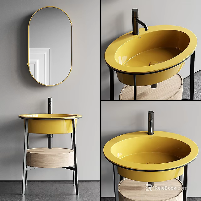 Yellow Bathroom Sink With Metal Frame Wooden Base And Round Mirror 3d model 