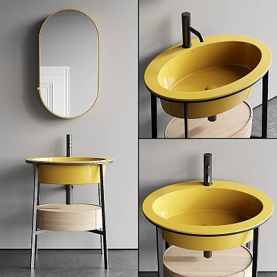 Yellow Bathroom Sink With Metal Frame Wooden Base And Round Mirror 3d model