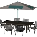 Outdoor Rectangular Table and Chair Set with Six Dark Chairs and Umbrella 3d model