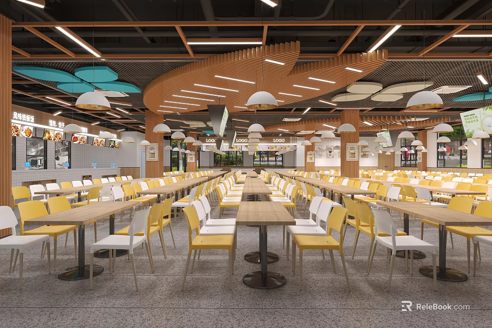 Modern Cafeteria Interior With Yellow White Chairs Tables And Ceiling Features 3d model 
