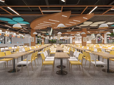 Modern Cafeteria Interior With Yellow White Chairs Tables And Ceiling Features 3d model