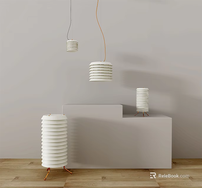 Modern Minimalist White Floor Lamps With Layered Design On Display Stands In Indoor Setting 3d model 