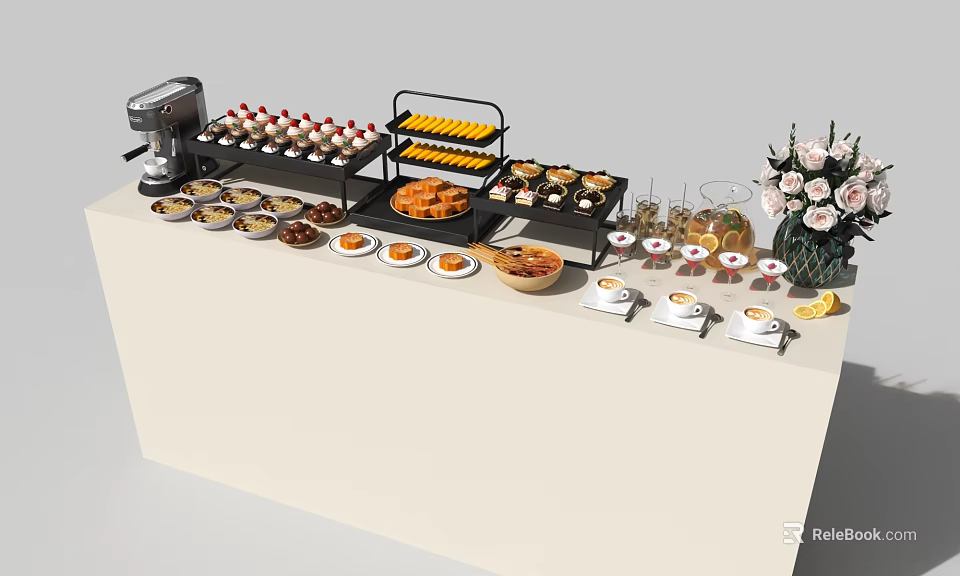 Food Buffet Table with Dessert Stands Fruits Snacks Coffee Machine and Flower Bouquet 3d model 