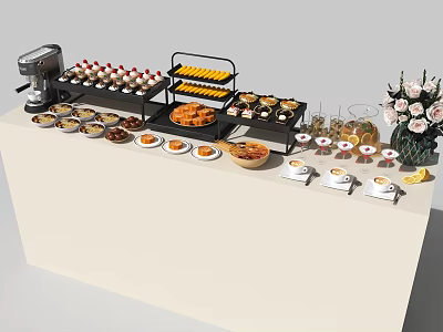 Food Buffet Table with Dessert Stands Fruits Snacks Coffee Machine and Flower Bouquet 3d model