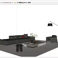 Modern Black Leather Sofa and Coffee Table Set with Armchair Floor Lamp and Potted Plant