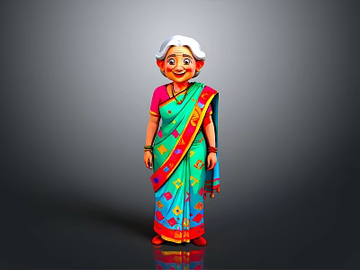 Elderly woman in traditional colorful sari with red and blue patterns and white headscarf 3d model