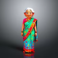 Elderly woman in traditional colorful sari with red and blue patterns and white headscarf