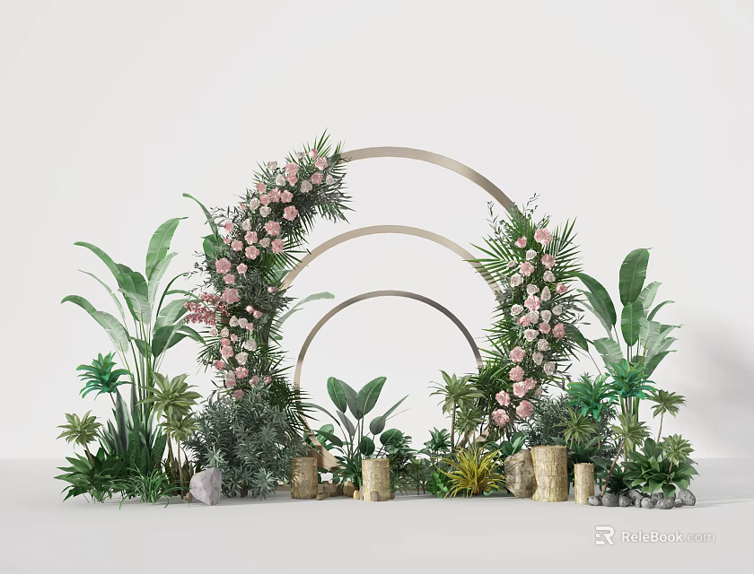Floral Arch Decoration With Pink Flowers Green Plants Arched Frames And Golden Cylinders 3d model 