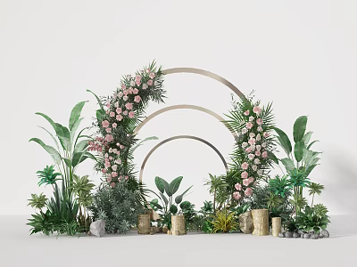 Floral Arch Decoration With Pink Flowers Green Plants Arched Frames And Golden Cylinders 3d model