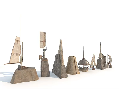 Abstract Stone And Metal Sculptures Featuring Various Tower Sail Column Shapes Arranged Together 3d model