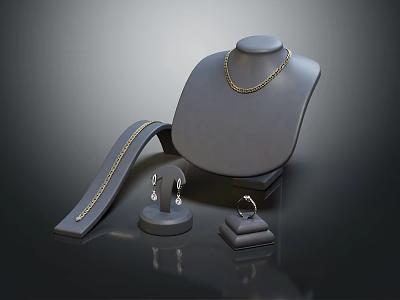 Elegant Display Shelf Showcasing Luxury Gold Jewelry Necklace Earrings and Ring 3d model