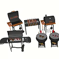 Various Barbecue Grills Including Skewers And Meat For Outdoor Cooking
