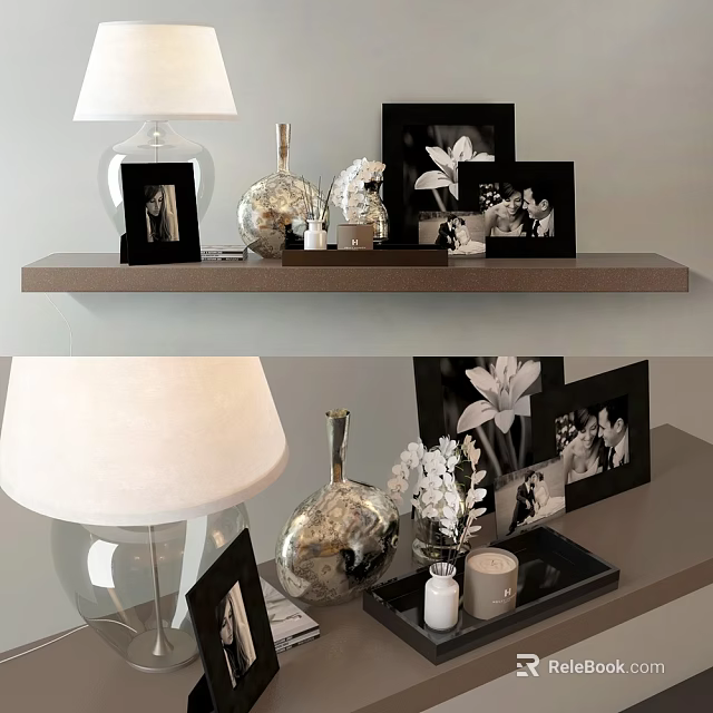 Elegant Decorative Ornament Combination With Photo Frames Vase Candles And Flowers On Shelf 3d model 
