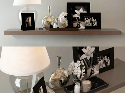Elegant Decorative Ornament Combination With Photo Frames Vase Candles And Flowers On Shelf 3d model