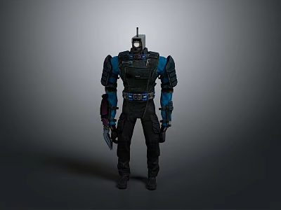 Futuristic Sci Fi Character In Black Blue Mech Suit With Weapon And Armor 3d model