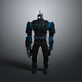 Futuristic Sci Fi Character In Black Blue Mech Suit With Weapon And Armor