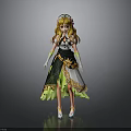 3D Model Anime Female Character With Long Golden Hair Flower Crown Black And Green Dress