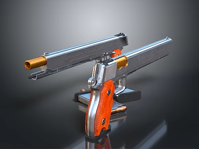 Sleek Silver Pistol Weapon With Orange Grip And Metallic Finish Details 3d model