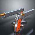 Sleek Silver Pistol Weapon With Orange Grip And Metallic Finish Details