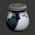 Decorative Blue Glass Jar With Silver Lid Purple Ribbon And Blue Liquid Bubbles
