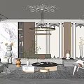 Elegant Living Room Interior Design With Chandelier Light Gray Sofa Coffee Table Bookshelf And Plant