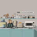 Stylish Organized Kitchenware with Jars Utensils Mugs on Shelves and Countertop Appliances