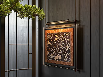 Modern Abstract Painting Hanging On Dark Wooden Wall With Green Pine Branch And Lighting Fixture 3d model