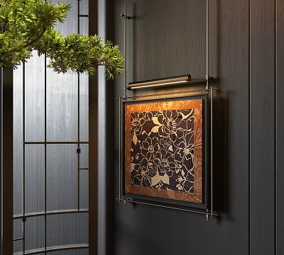 Modern Abstract Painting Hanging On Dark Wooden Wall With Green Pine Branch And Lighting Fixture 3d model