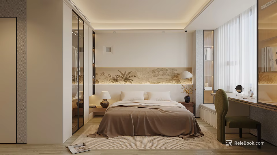Modern Bedroom Interior Design With Bed Nightstand Pendant Light And Decorative Rug 3d model 