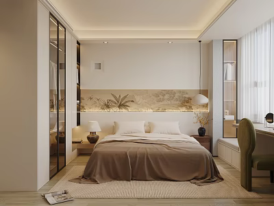Modern Bedroom Interior Design With Bed Nightstand Pendant Light And Decorative Rug 3d model