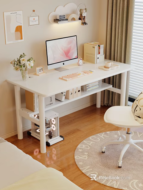 White Home Office Desk Setup With Computer Monitor Flowers And Rolling Cart 3d model 