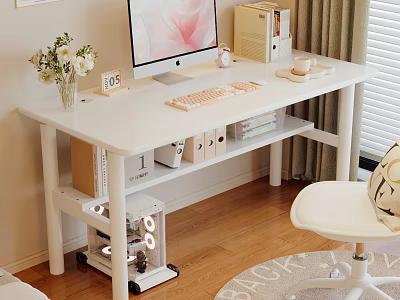 White Home Office Desk Setup With Computer Monitor Flowers And Rolling Cart 3d model