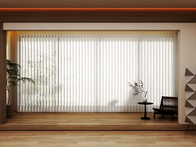 White Vertical Blinds In Modern Interior With Wooden Floor And Furniture Elements 3d model