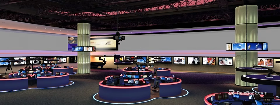 Modern Reception Area With Computer Displays And Professional Lighting Fixtures 3d model 