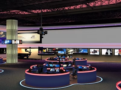Modern Reception Area With Computer Displays And Professional Lighting Fixtures 3d model