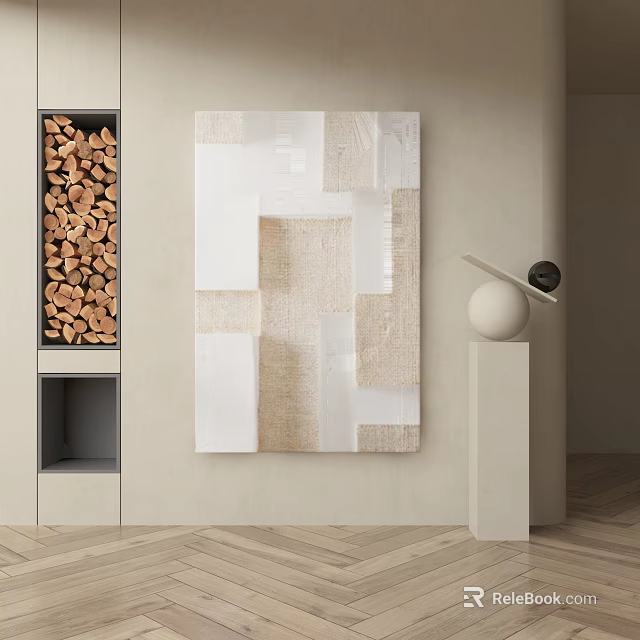 Modern Interior With Textured Collage Art Firewood Storage And Sculpture Decor 3d model 
