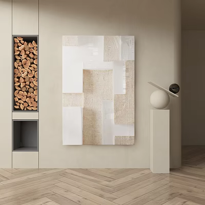 Modern Interior With Textured Collage Art Firewood Storage And Sculpture Decor 3d model