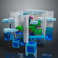 Cartoon Scene with Colorful Characters Block Structures Clouds and Blue Green Platforms 3d model