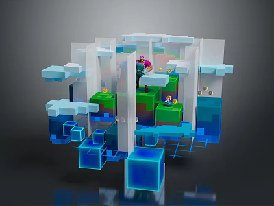 Cartoon Scene with Colorful Characters Block Structures Clouds and Blue Green Platforms 3d model