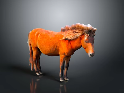 Orange Horse with Fluffy Mane Standing on Dark Background with Reflective Ground 3d model