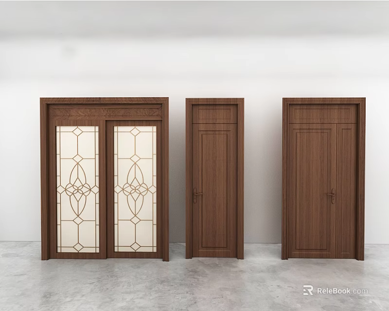 Modern Wooden Swing Doors With Glass Panels And Decorative Patterns In Home Interior 3d model 