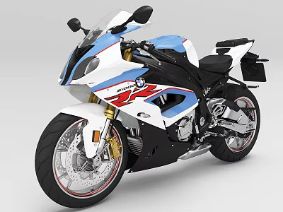 Stylish White Blue Red Sport Motorcycle With Streamlined Body And Black Seat 3d model
