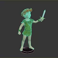 Red Haired Character In Green Leaf Outfit Holding Sword Standing On Black Base