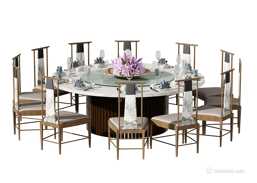 Elegant Modern Round Dining Table Set With Marble Tabletop And Metal Frame Chairs 3d model