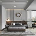 Modern Bedroom Interior Featuring Upholstered Headboard Circular Wall Decor Ceiling Lights And Curtains 3d model