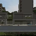 Modern Commercial Street With Glass Facades Shops Outdoor Umbrellas Pedestrians And Greenery