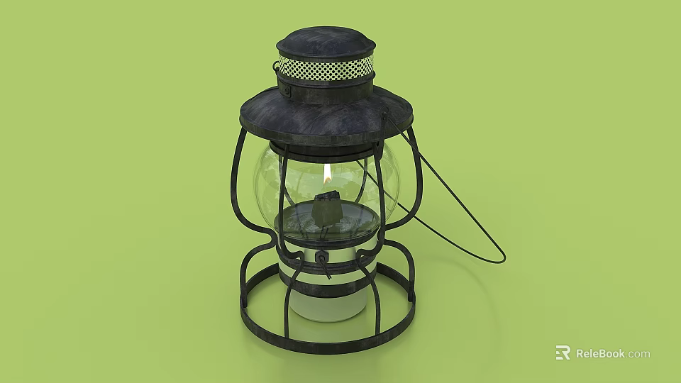 Vintage Black Metal Kerosene Lamp With Glass Shade Burning Wick On Light Green Background 3d model 