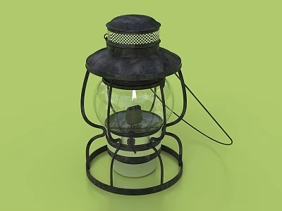 Vintage Black Metal Kerosene Lamp With Glass Shade Burning Wick On Light Green Background 3d model