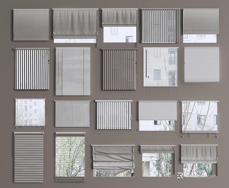 Multiple Styles of Gray Curtains Featuring Blinds Roman Shades Roller and Various Designs 3d model 